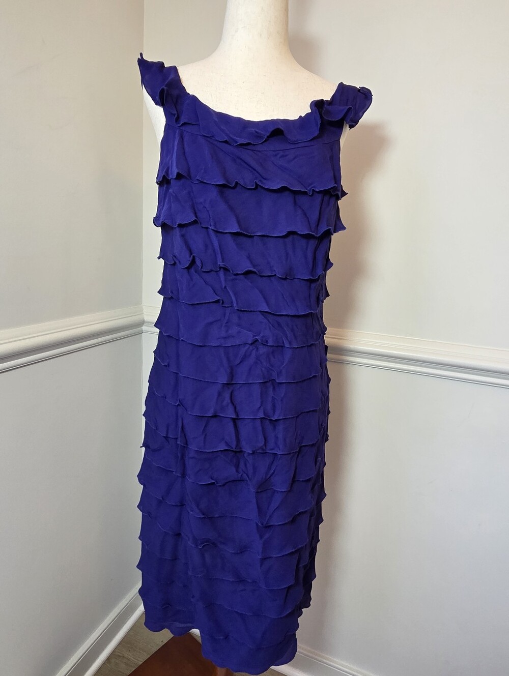 Suzi Chin Silk Dress Size 8 Blue Tiered Ruffle Cocktail Wedding Guest Y2K